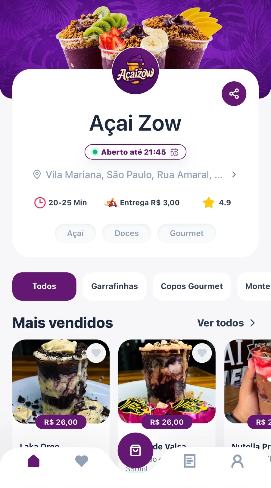 Cardápio digital da Açaí Zow